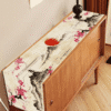 1 Pc, Beige Vintage Asian Cherry Blossom Linen Table Runner - Woven Rectangular Tabletop Decor with Painting Landscape Design.