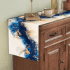 1 Pc, Marble Design Table Runner, Woven Rectangular Tabletop Decor with white clouds/blue Ocean Marble Texture.
