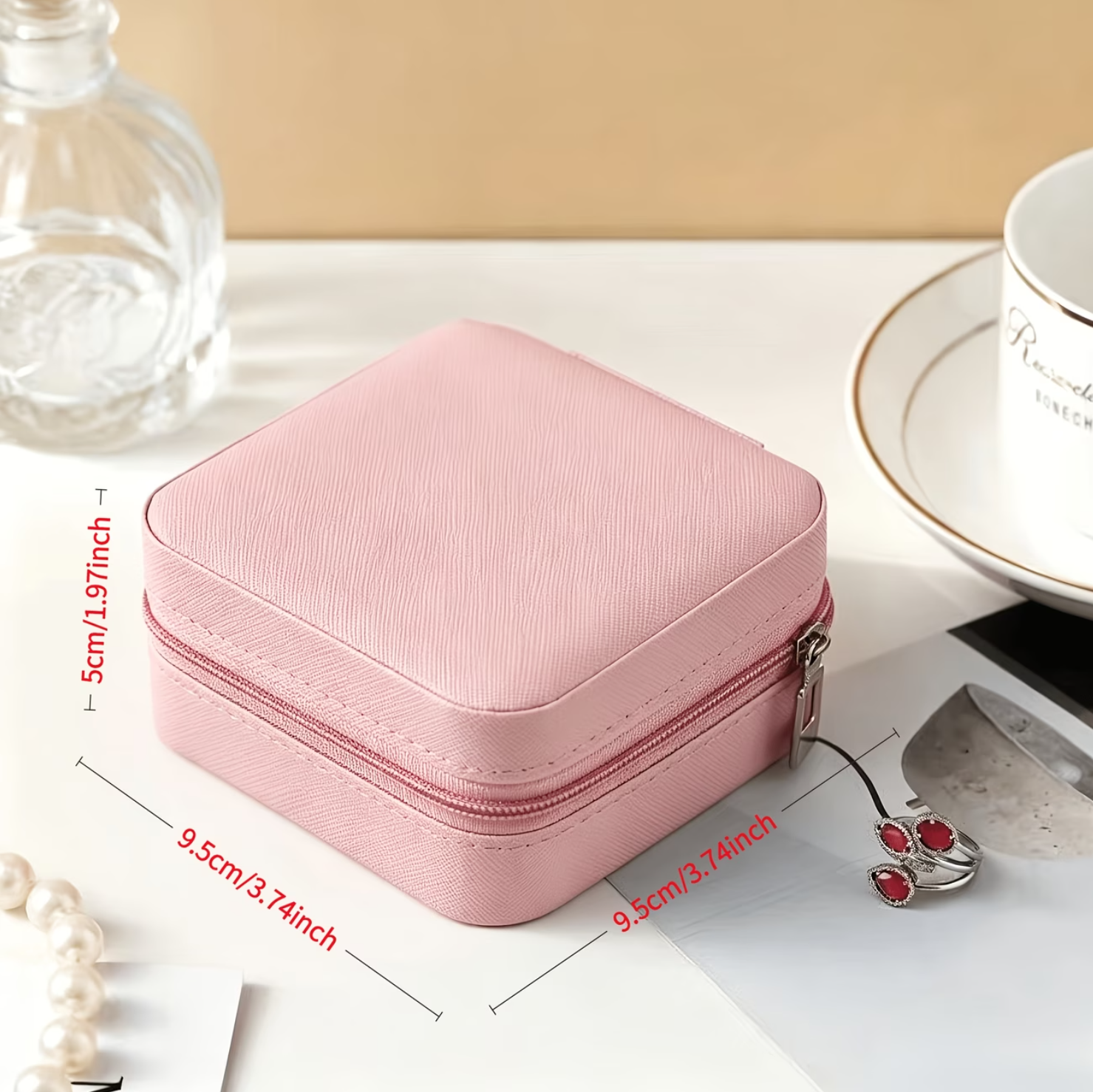 1pc Faux Leather Jewelry Organizer Box - Flip-Up Multi-Compartment Storage | Zipper Case. - Image 2