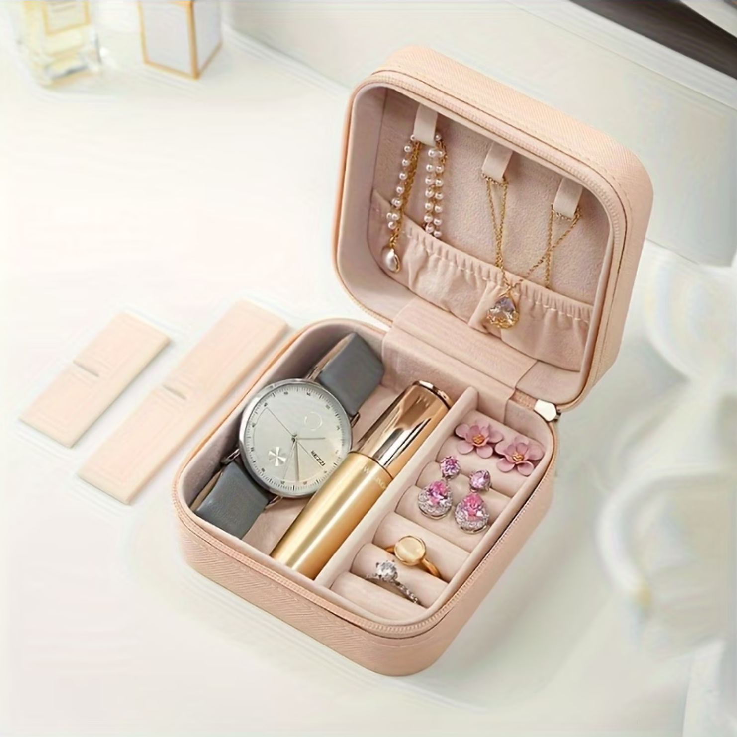 1pc Faux Leather Jewelry Organizer Box - Flip-Up Multi-Compartment Storage | Zipper Case. - Image 4