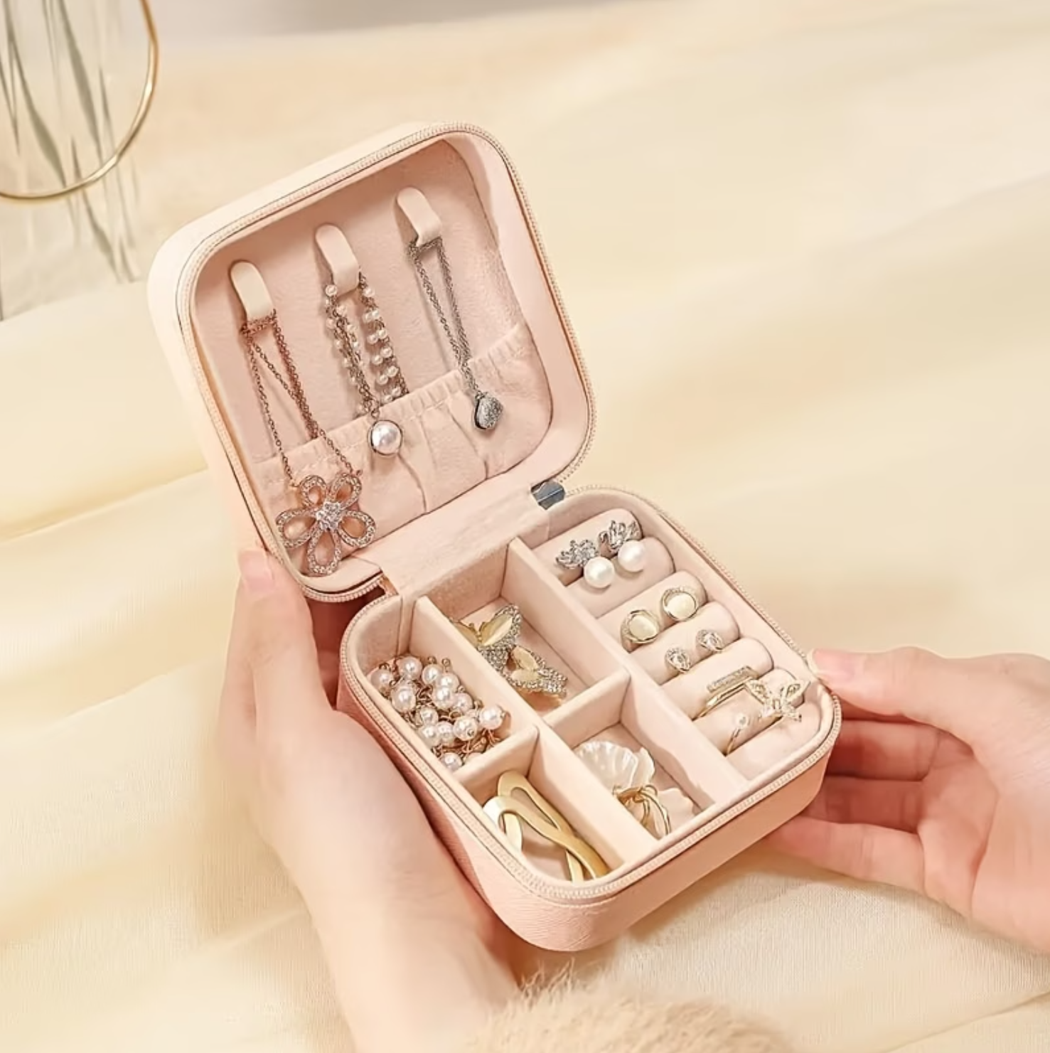 1pc Faux Leather Jewelry Organizer Box - Flip-Up Multi-Compartment Storage | Zipper Case.