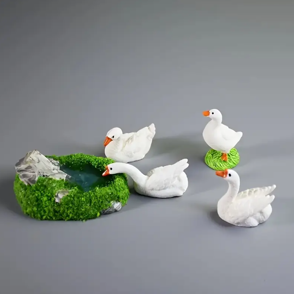 5pcs, Mini White Goose Family Resin Statues with Serene Pond Scene