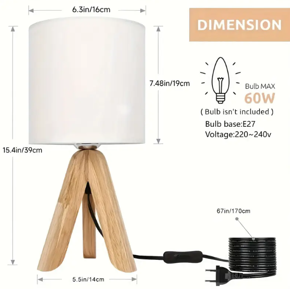 1pc, Charming Table Lamp with Wooden Tripod Base, Fabric Shade, Perfect for Bedroom, Living Room, Office or Study - E26/E27 Base (Bulb Not Included). - Image 2