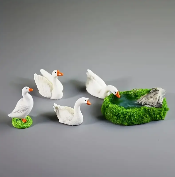 5pcs, Mini White Goose Family Resin Statues with Serene Pond Scene - Image 3