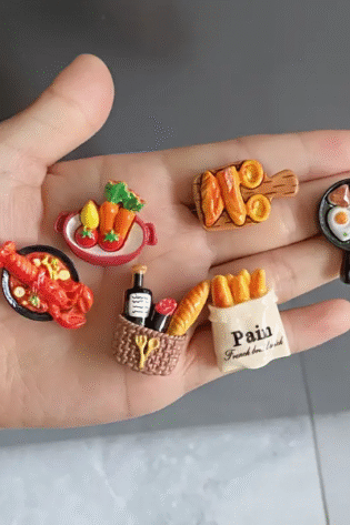 12-Pieces, Set of Charming French Baguette, Toast & Egg Tart Refrigerator Magnets.