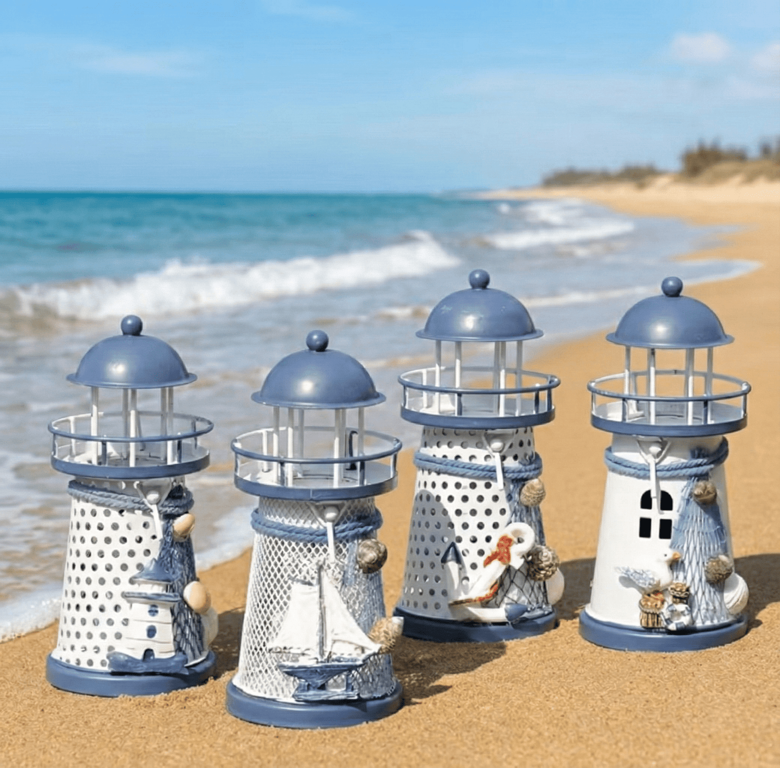 1pc, Chic Mediterranean Lighthouse Candle Holder - Hand Painted, Blue & White, Tabletop Décor - Image 3