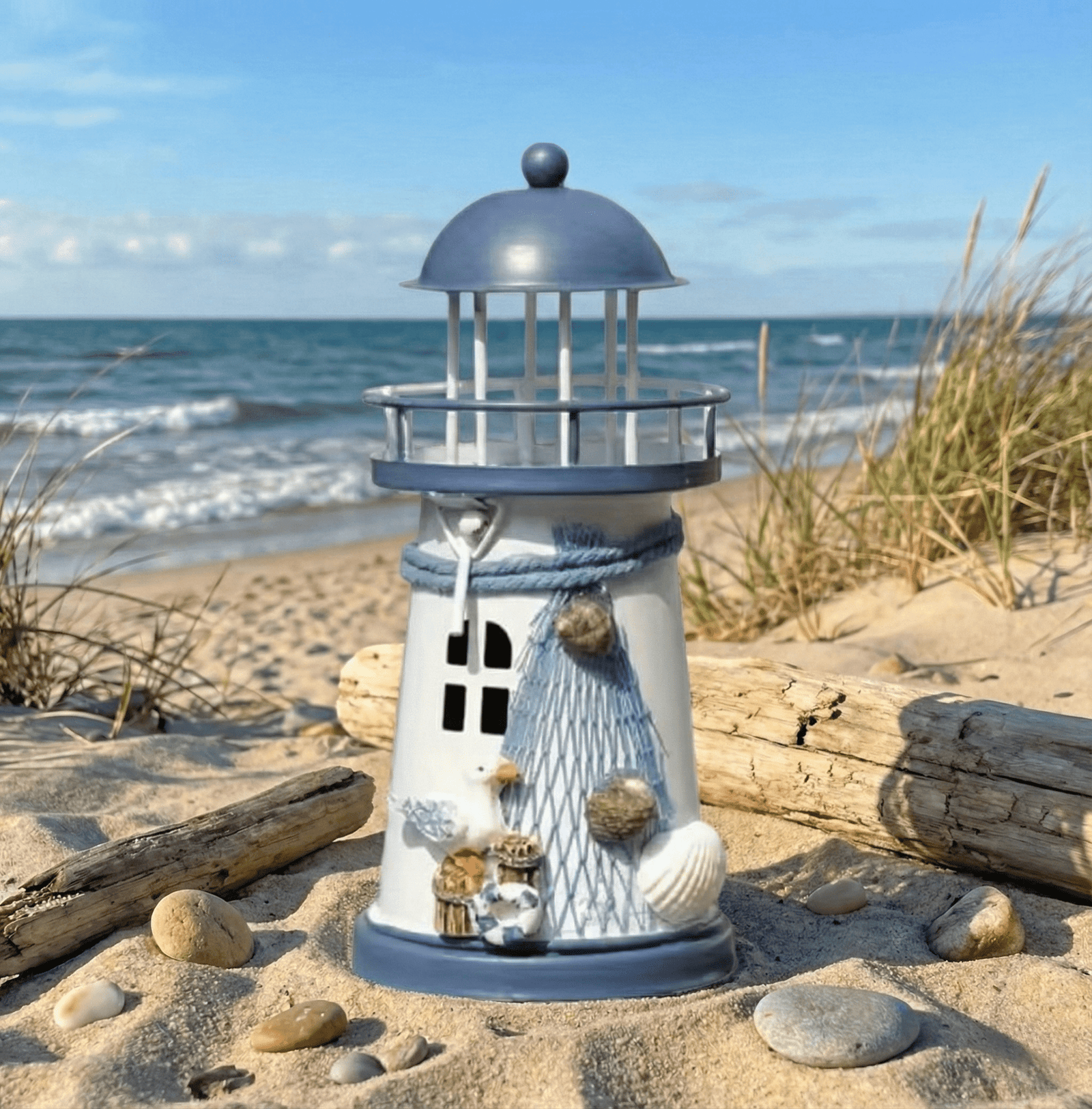 1pc, Chic Mediterranean Lighthouse Candle Holder - Hand Painted, Blue & White, Tabletop Décor - Image 4