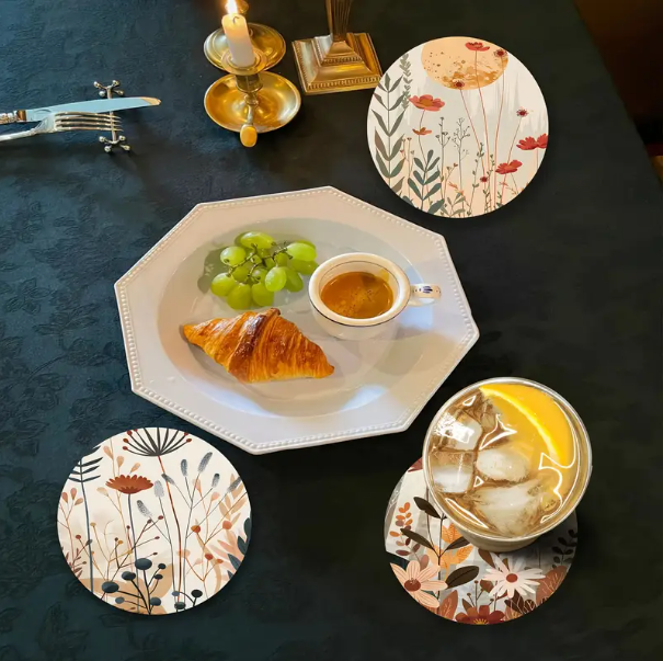 6 pcs, Floral Art Grids Wooden Coaster Set, non-slip Heat Resistant, Suitable for Coffee, Tea, etc. - Image 3