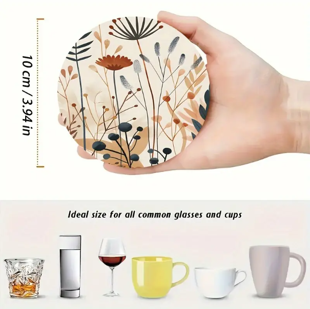 6 pcs, Floral Art Grids Wooden Coaster Set, non-slip Heat Resistant, Suitable for Coffee, Tea, etc. - Image 4