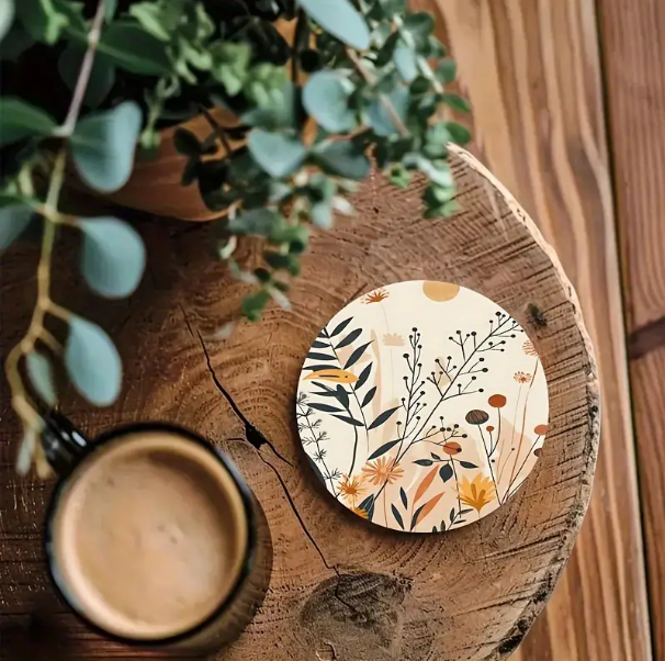 6 pcs, Floral Art Grids Wooden Coaster Set, non-slip Heat Resistant, Suitable for Coffee, Tea, etc. - Image 5