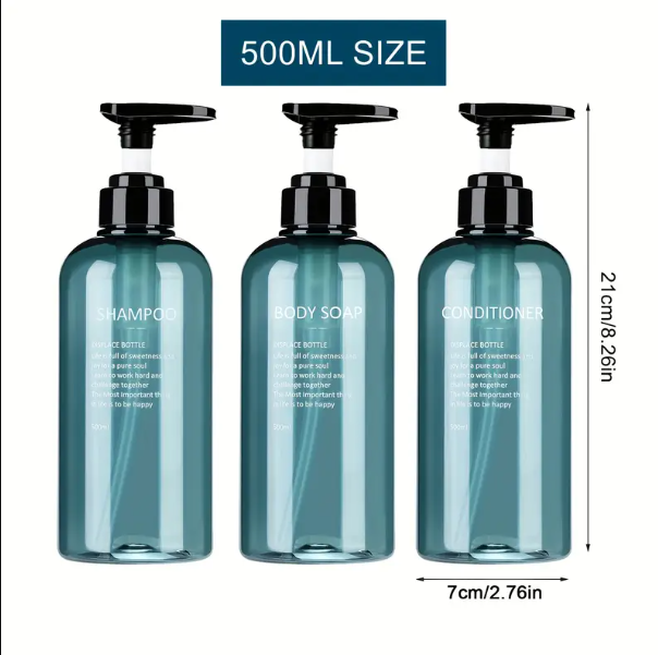 Set of Three, 500ml Reusable Plastic Bottles for The Bathroom, Including a Pump Dispenser for Shampoo, Conditioner, And Body Wash. - Image 2