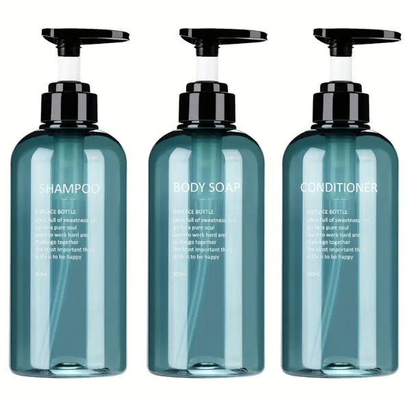 Set of Three, 500ml Reusable Plastic Bottles for The Bathroom, Including a Pump Dispenser for Shampoo, Conditioner, And Body Wash.