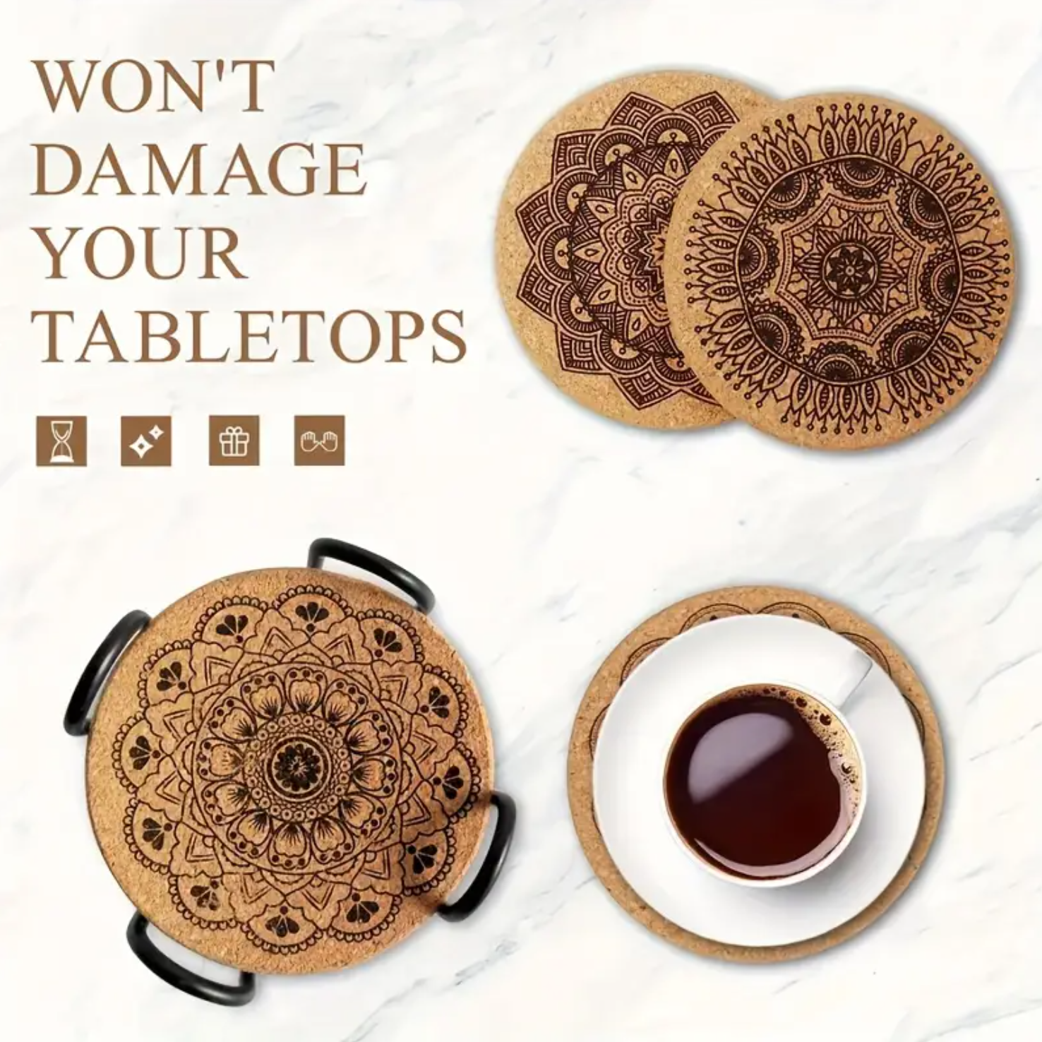 6 pcs Set, Cork Coasters - Round, Floral Design | Non-Slip, Heat-Resistant Table Mats for Dining & Living Room Décor. - Image 7