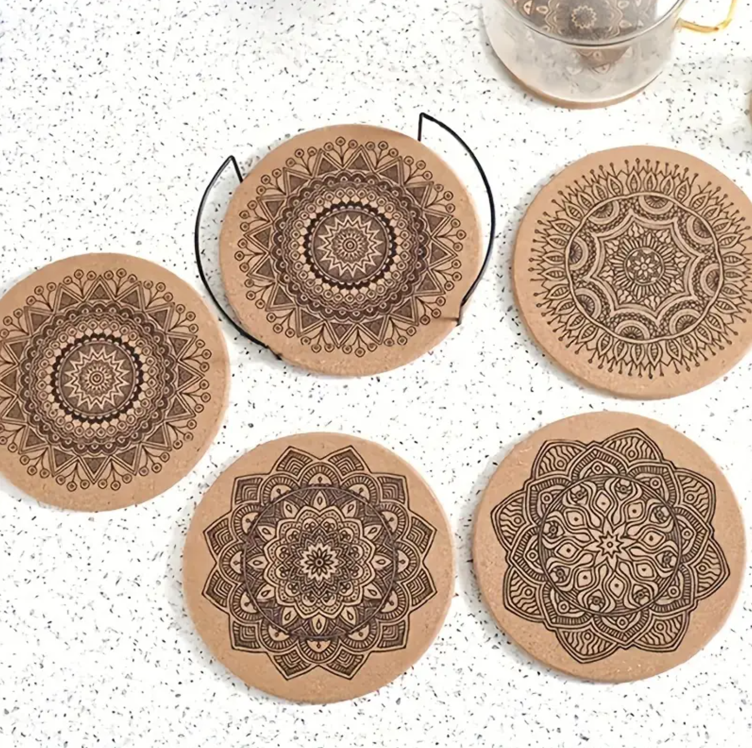 6 pcs Set, Cork Coasters - Round, Floral Design | Non-Slip, Heat-Resistant Table Mats for Dining & Living Room Décor. - Image 8