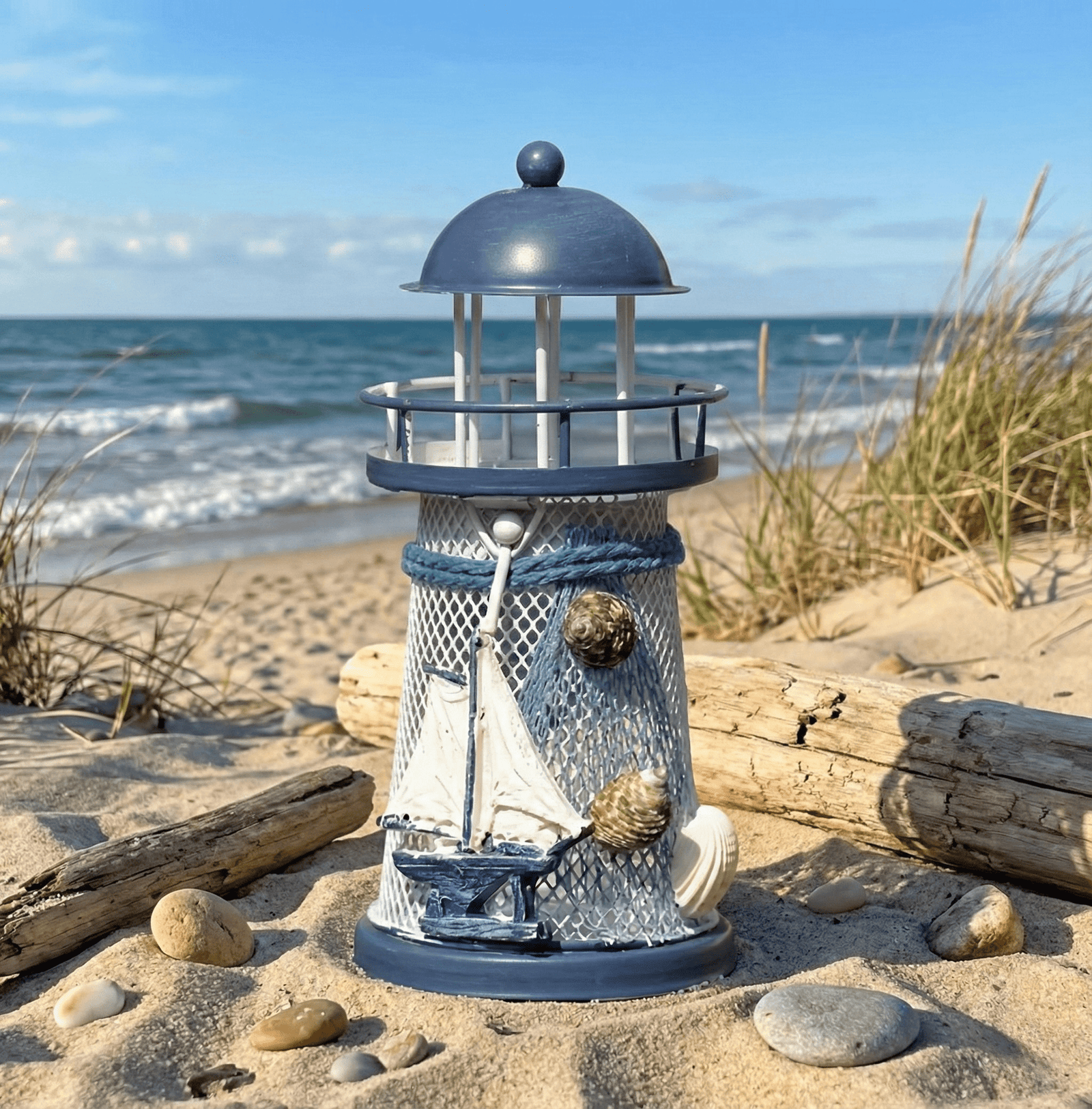 1pc, Chic Mediterranean Lighthouse Candle Holder - Hand Painted, Blue & White, Tabletop Décor - Image 9