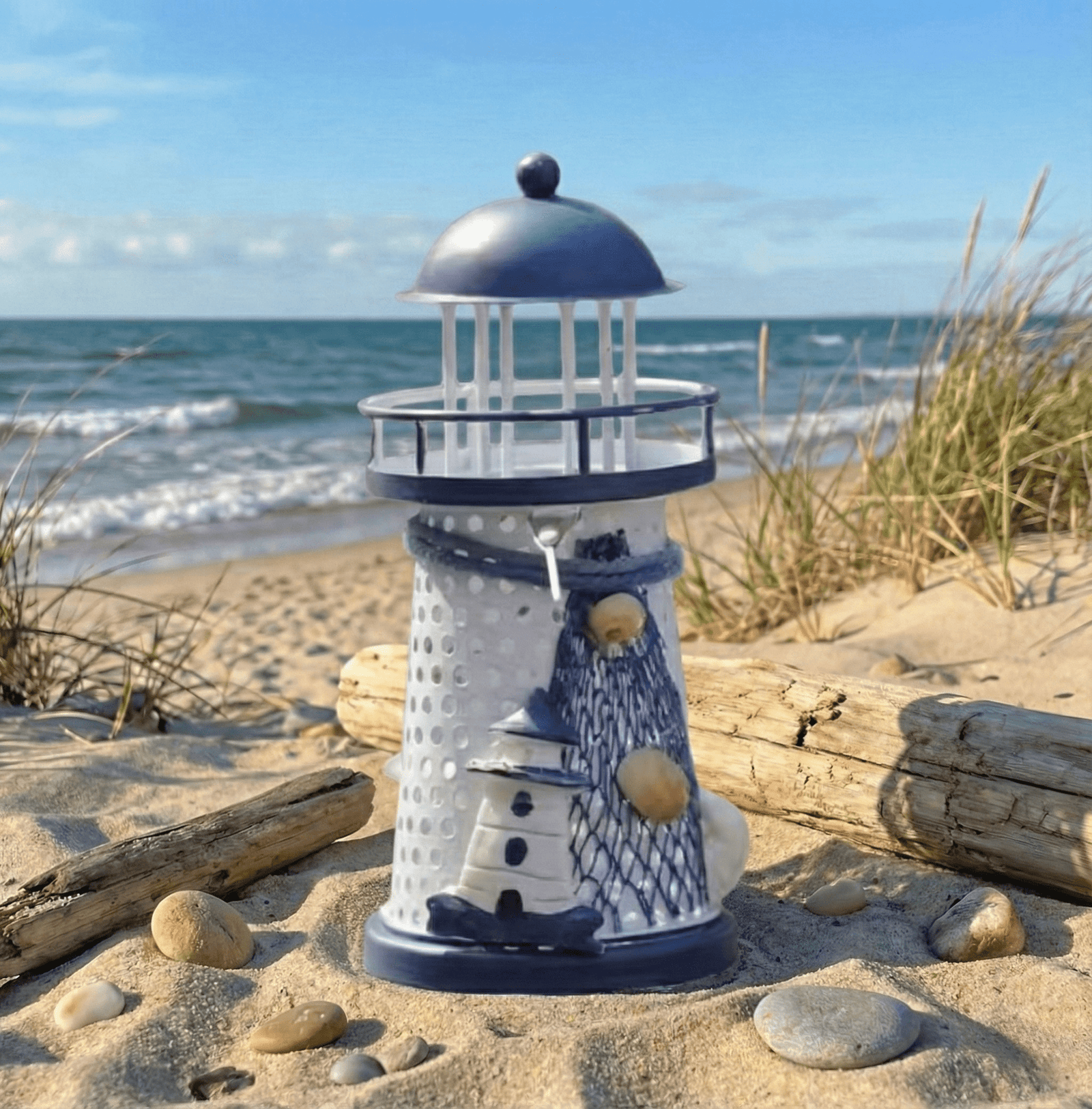 1pc, Chic Mediterranean Lighthouse Candle Holder - Hand Painted, Blue & White, Tabletop Décor - Image 2