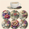 6 pcs, Beautiful Floral Wooden Coasters Set - Round, Heat Resistant Non-Slip Drink Mats