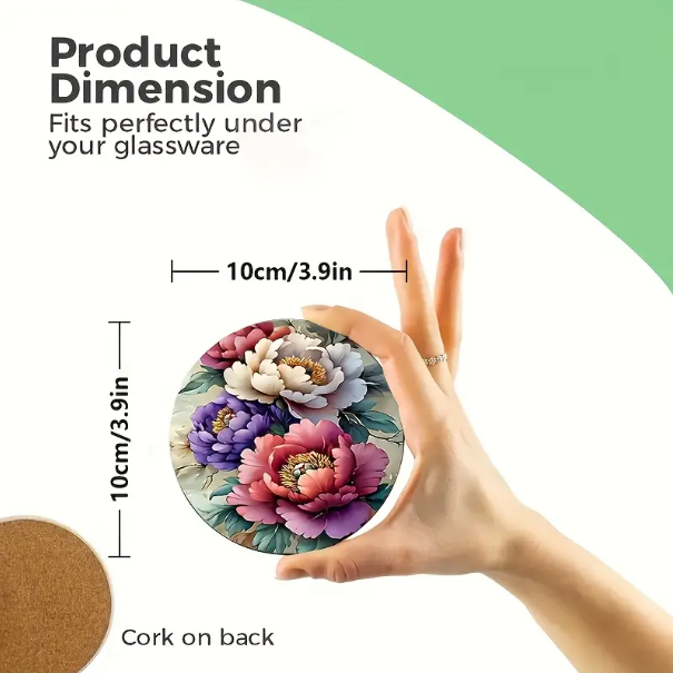 6 pcs, Beautiful Floral Wooden Coasters Set - Round, Heat Resistant Non-Slip Drink Mats - Image 3