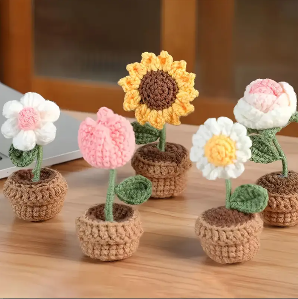 1 Pc, Handmade Crochet Potted Plants - Vibrant Coloured Flower Decor with Brown Pot. - Image 3