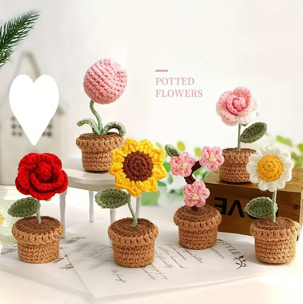 1 Pc, Handmade Crochet Potted Plants - Vibrant Coloured Flower Decor with Brown Pot.