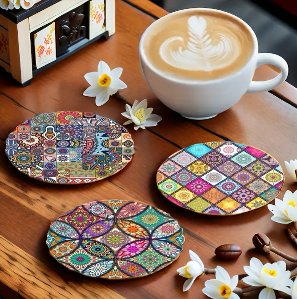 4 Pcs Set, Mandala Wooden Bohemian Heat Resistant Beverage Coasters, Non-Slip Table Mats, Decorative Coasters for Home - Image 2