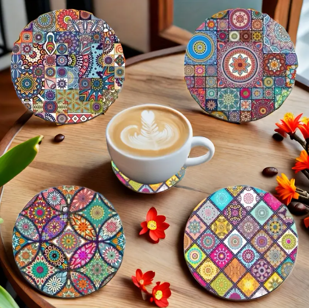 4 Pcs Set, Mandala Wooden Bohemian Heat Resistant Beverage Coasters, Non-Slip Table Mats, Decorative Coasters for Home