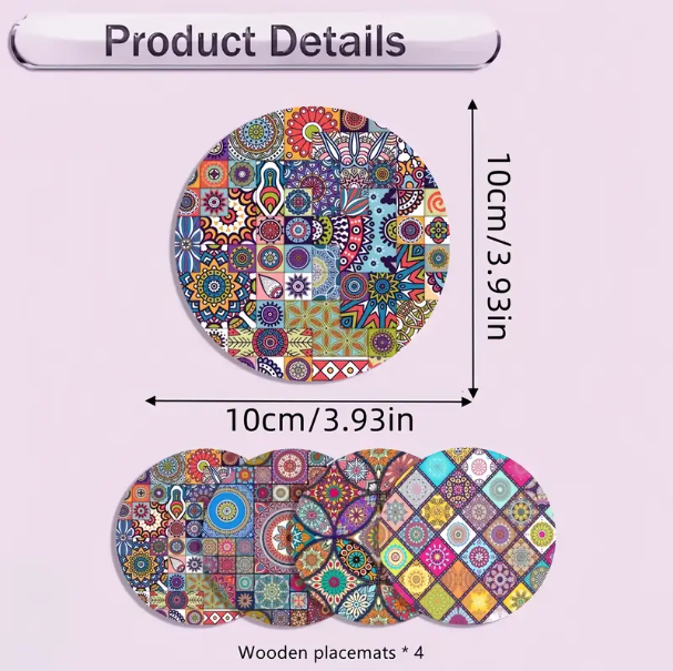 4 Pcs Set, Mandala Wooden Bohemian Heat Resistant Beverage Coasters, Non-Slip Table Mats, Decorative Coasters for Home - Image 4