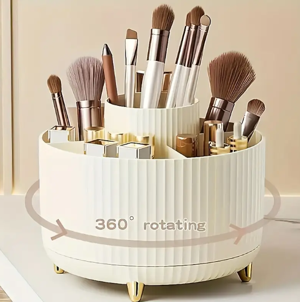 1pc, 360° Rotating Makeup Organizer - 5-Compartment Durable Cosmetic & Desk Storage with Luxury Stripe Design.