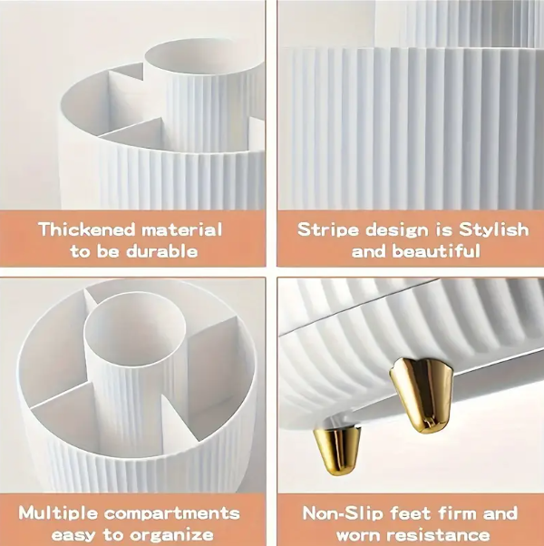 1pc, 360° Rotating Makeup Organizer - 5-Compartment Durable Cosmetic & Desk Storage with Luxury Stripe Design. - Image 2