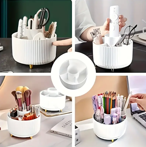 1pc, 360° Rotating Makeup Organizer - 5-Compartment Durable Cosmetic & Desk Storage with Luxury Stripe Design. - Image 3