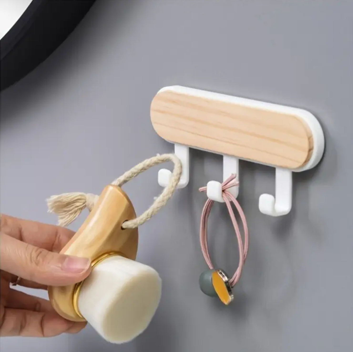 1 Pc, Modern Minimalist Key Holder, No-Drill Wall Utility Hook (3 Hooks)- Self-Adhesive, Wood Finish, Easy Installation for Doors, Windows, Walls. - Image 4