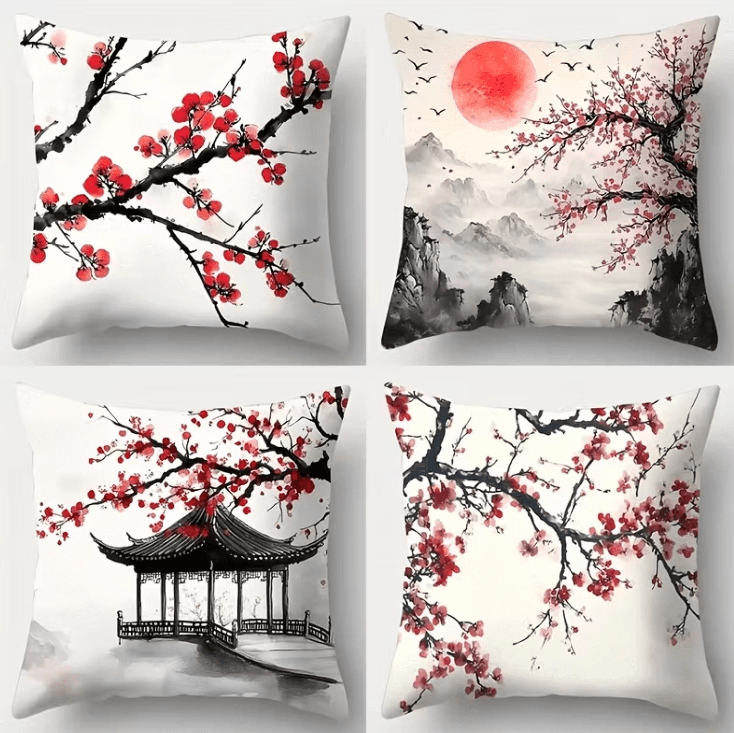 4 Pcs set, sofa pillow cover, pavilion Japanese plum blossom pillowcase, 44.96 cm * 44.96 cm, single-sided printing, home decoration, sofa lumbar support cover, pillow cover (without pillow core)