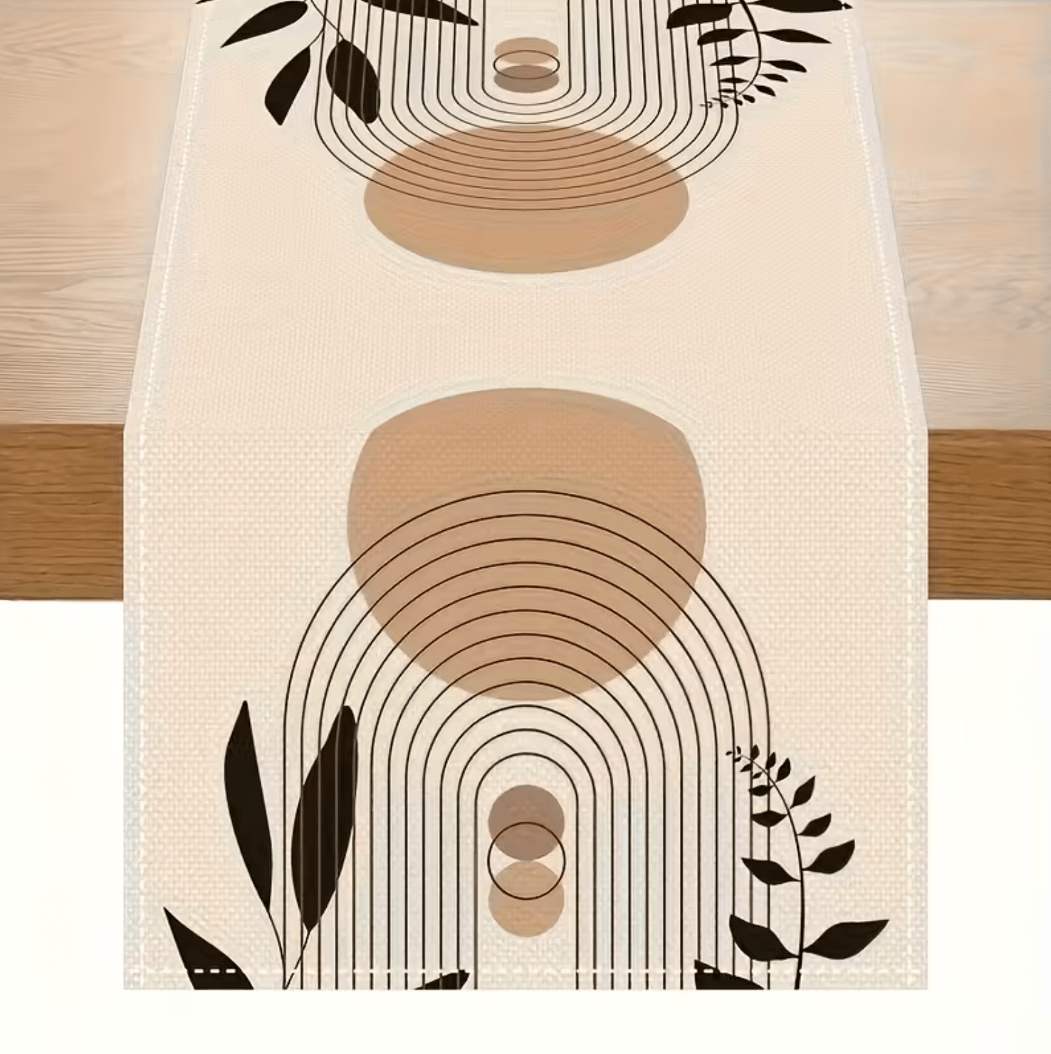 1 Pc, Bohemian Geometric Table Runner - Woven Rectangular Tabletop Decor with Symmetrical Line Design in Beige, Brown & Black. - Image 3