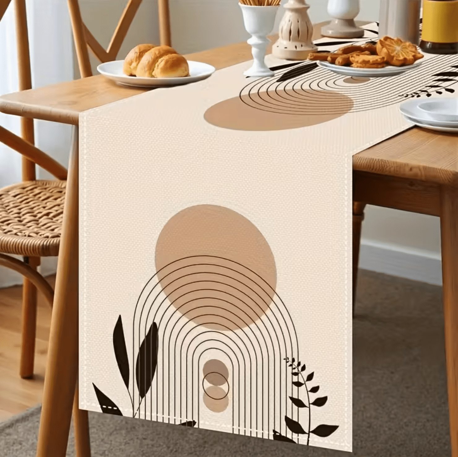 1 Pc, Bohemian Geometric Table Runner - Woven Rectangular Tabletop Decor with Symmetrical Line Design in Beige, Brown & Black. - Image 4