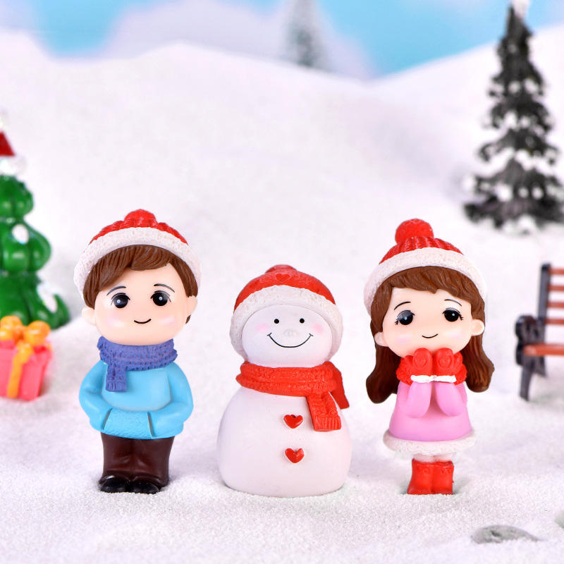 3 pcs Set, Snowman, Girl & Boy Couple Cute Figurines, Ornaments for Micro Fairy Garden, Landscape Decor