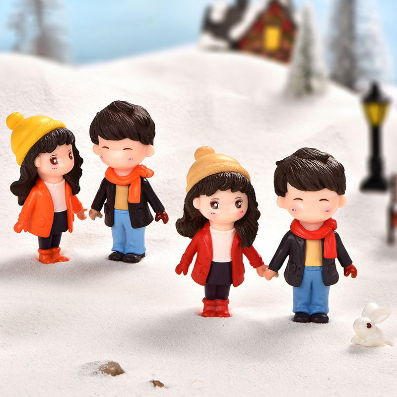 2 pcs set, Cute Winter Couple Figurines Holding Hands, Car, Office & Home Decoration.